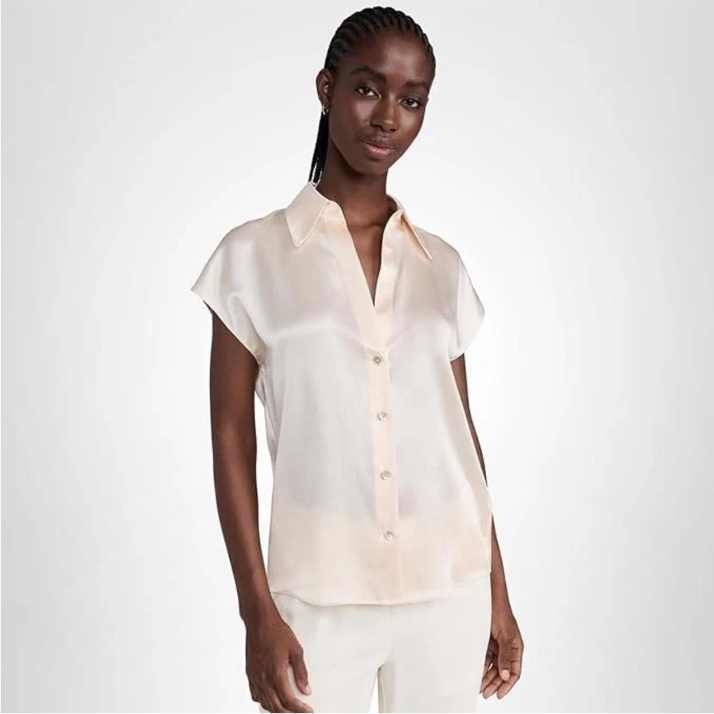 $345 Vince Women's 100% Silk Cap Sleeve Ruched Back Collar Button Down Blouse XS